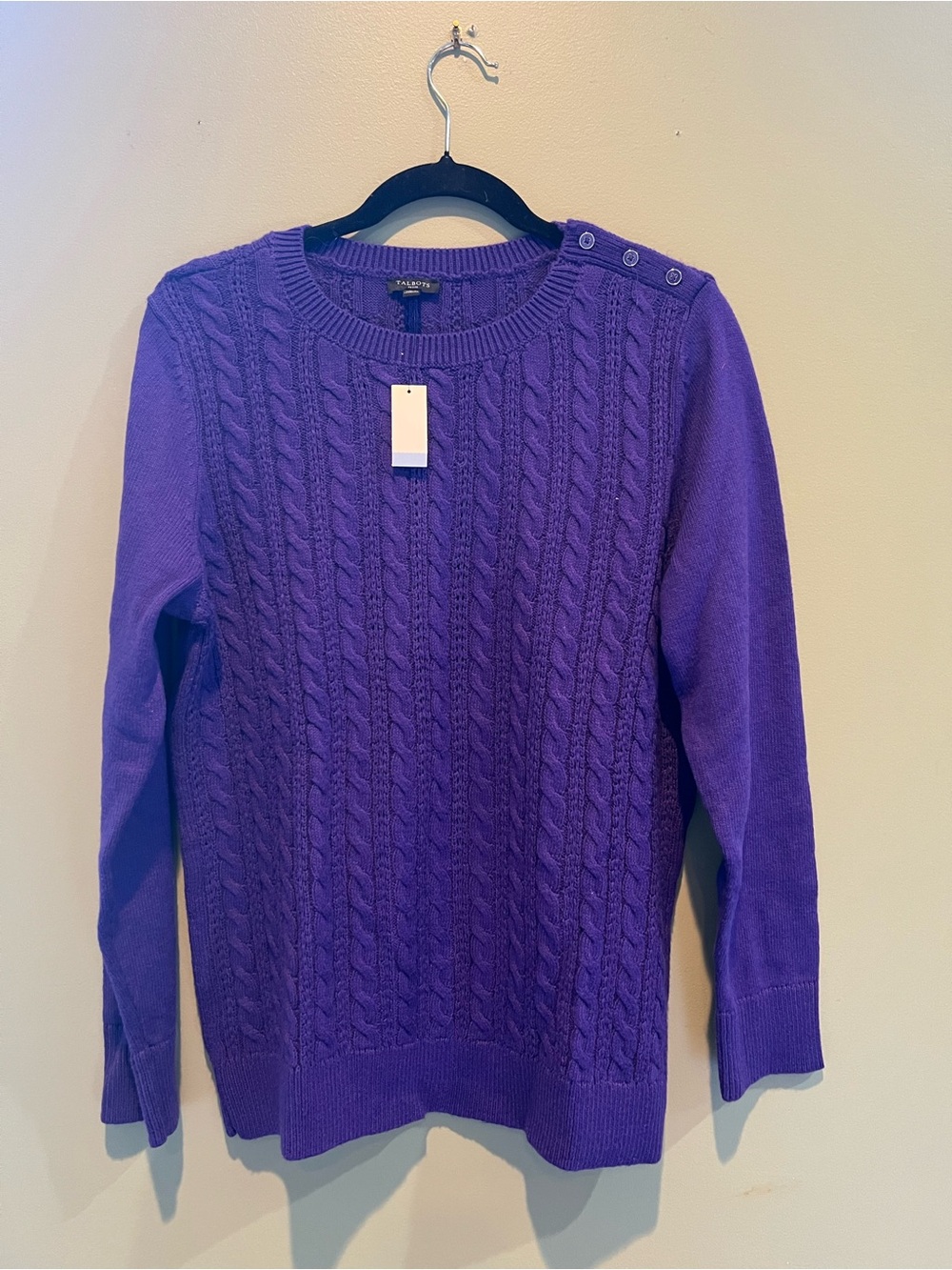 Talbots Vibrant Purple Cable Crewneck Sweater with Shoulder Buttons